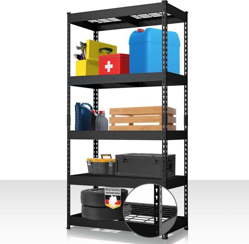 Schwerlastregal Yukon Rivet Stahlregal mit Gitterböden Schwarz 180 x 90 x 45 cm, 5 Etagen
