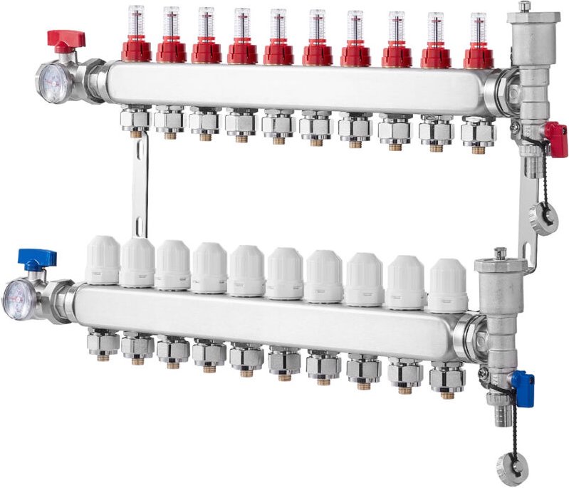 Mophorn - 10-Zweig-Wärmeverteilungsverteiler, 1/2-Zoll-PEX-Rohrverteiler, Edelstahl-PEX-Verteiler für hydronische Fußbod...