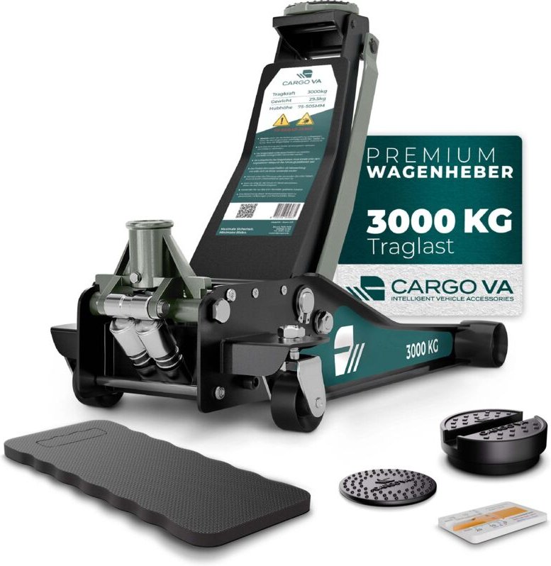 CargoVA Wagenheber 3T hydraulisch, Flacher Wagenheber mit 75-505mm Hubhöhe, Profi-Toolkit inkl. Kniematte & 2X Gummiaufl...