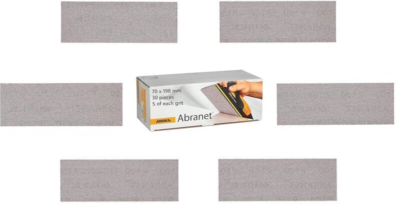 Abranet Netzschleifstreifen 70mm x 198mm Klett / Mix-Pack 5 von jeder Körnung 80, 120, 180, 240, 320, 400 / 30 Stk / zum...