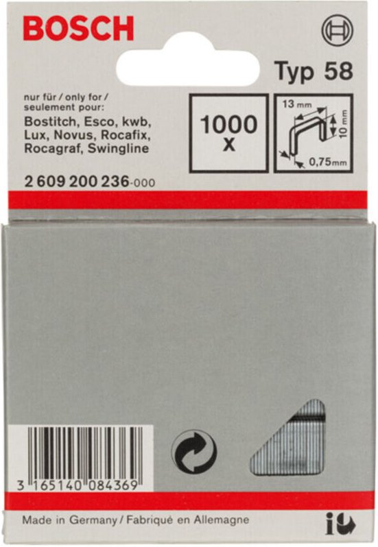 Feindrahtklammer Typ 58 13 x 0,75 x 10 mm 1000 Stk - Bosch