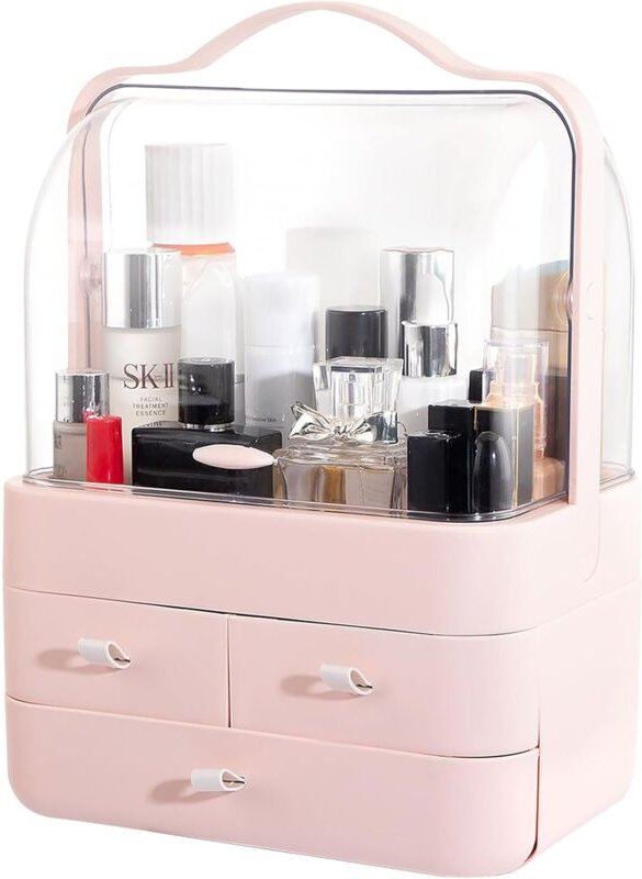 Rosa Kosmetik-Aufbewahrungsbox – Aufbewahrungsbox mit Deckel, Staubschutz und tragbarem Griff, Kosmetik-Organizer mit Sc...