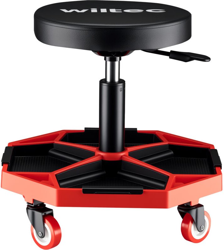 Wiltec Werkstatthocker mit Ablage, Rollhocker höhenverstellbar 37-52 cm, gepolsterter Hocker mit Rollen bis 136 kg