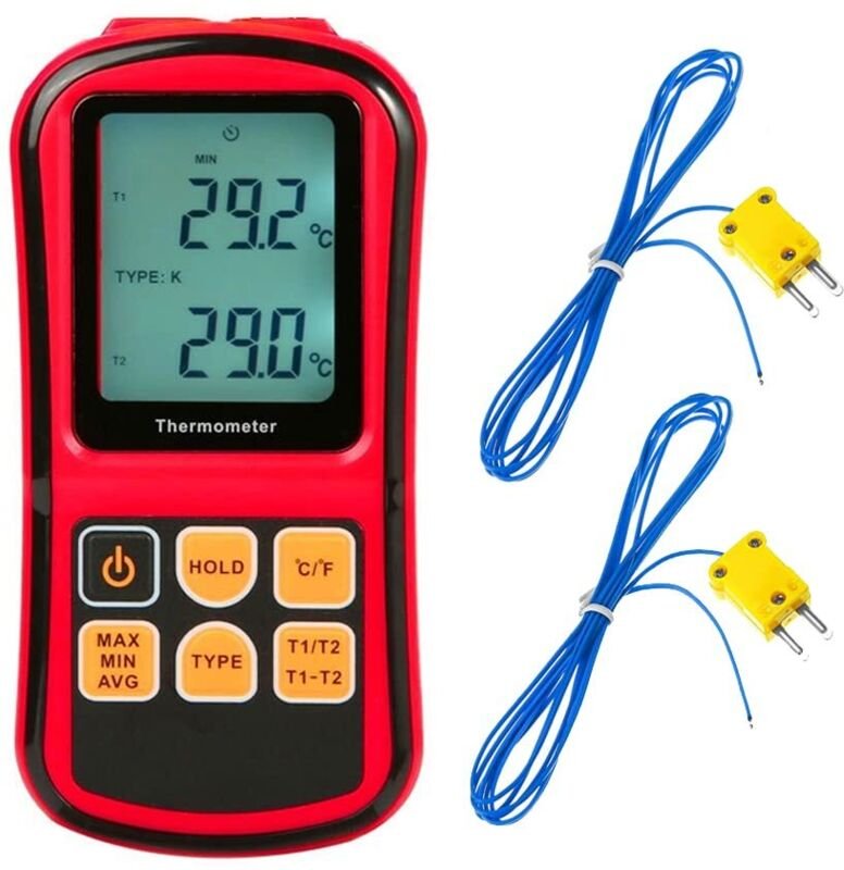 Digitales Thermometer, 2-Kanal-Thermoelement-Sonden-Temperaturmessgerät Typ K für Typ K/J/T/E/R/N/S, -200 ℃ bis 1372 ℃ (...