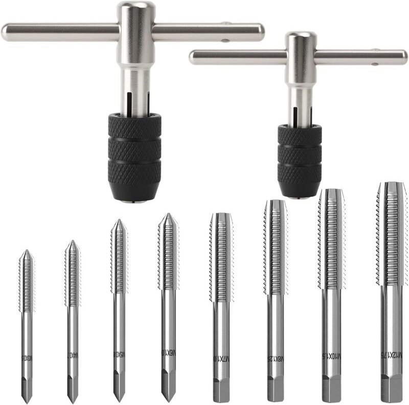 10 Stück Gewindebohrer Set Verstellbarer, Tap Wrench Set, mit M3 M4 M5 M6 M7 M8 M10 M12 HSS Gewindefräsen and 2 T Griff ...