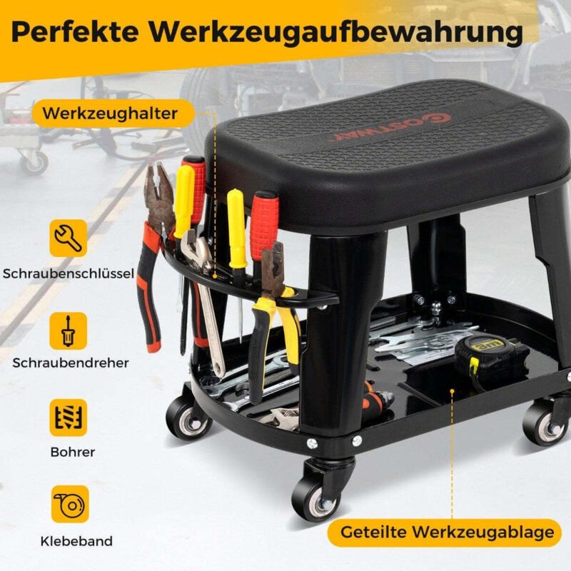 Thumbnail - Werkstatthocker werkstattstuhl mit gerateablage und werkzeughalter werkstatt rollhocker schwarz