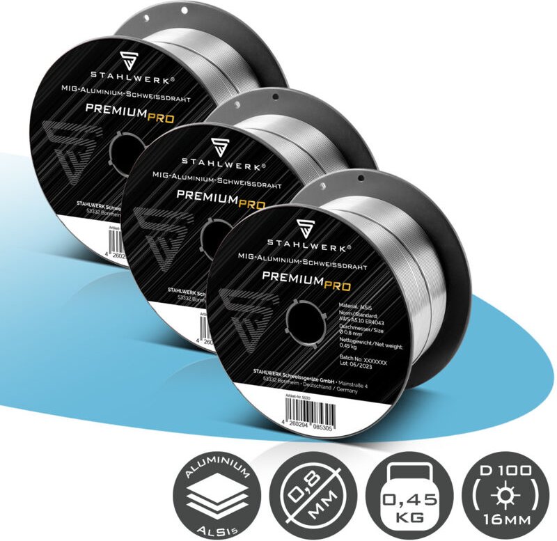 STAHLWERK Schweißdraht MIG MAG Aluminium ER4043 Si5 (ALSI-5) Ø 0,8 mm 3er Set