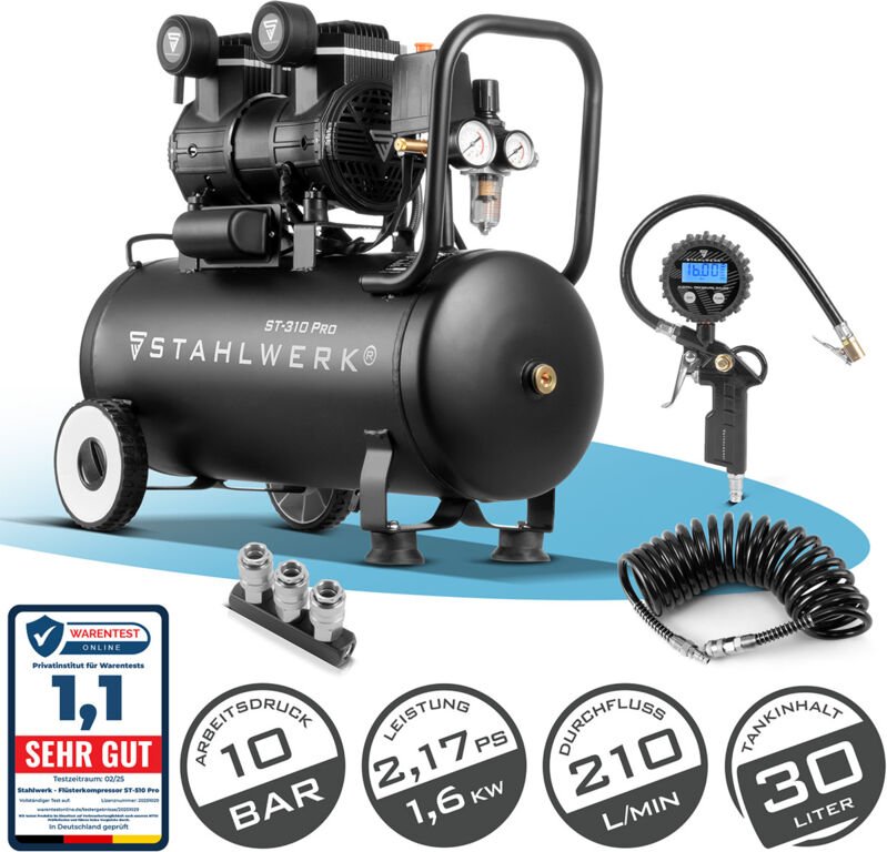 STAHLWERK Kompressor ST-310 Pro Vollausstattung – ölfreier Flüster-Kompressor