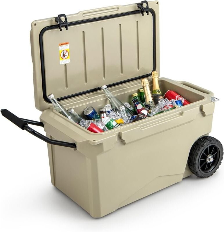 COSTWAY Glacière Isotherme Portable 71 L avec Bouchon de Vidange et Porte-gobelets, Glacière Rigide à roulettes Rétentio...