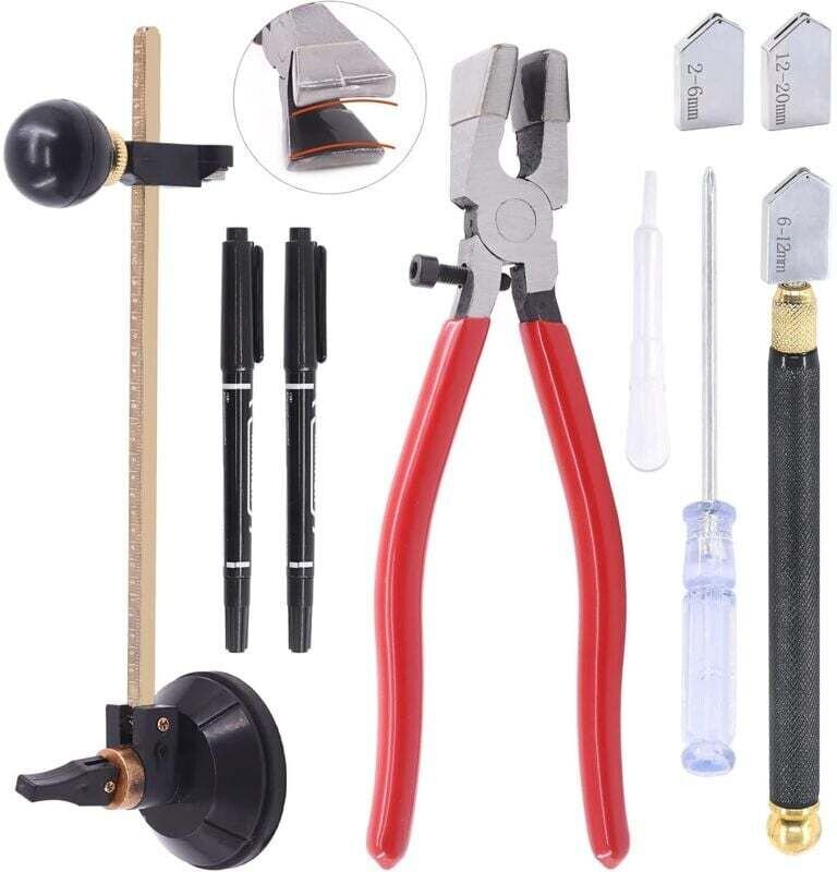 11-teiliges Glasschneidwerkzeugset, gebogene Zange mit Gummispitzen, Wolframkarbidspitze, runder Glasschneider, 2 Klinge...