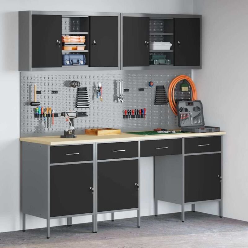 Werkbank mit Schubladen 10 pcs Schwarz 200 x 55 x 200 cm Stahl vidaXL