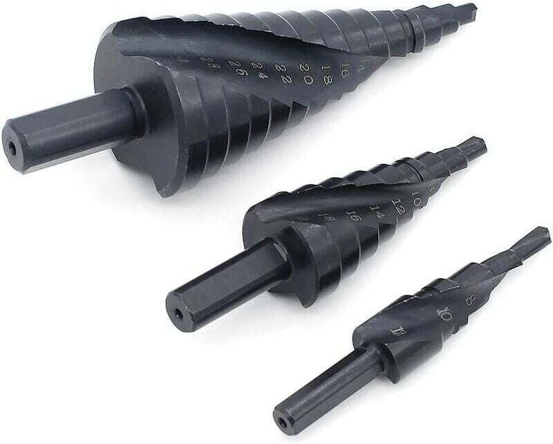 Satz aus drei nitrierten HSS-Stufenbohrern mit Spiralnuten für schwarze Nitrid-Stufenbohrer
