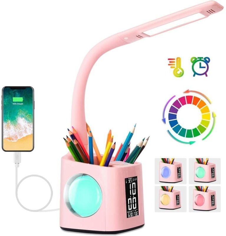 LED-Schreibtischlampe, Kinder-Schreibtischlampe mit Uhr, Wecker, Kalender, Thermometer, RGB und Stifthalter, verstellbar...