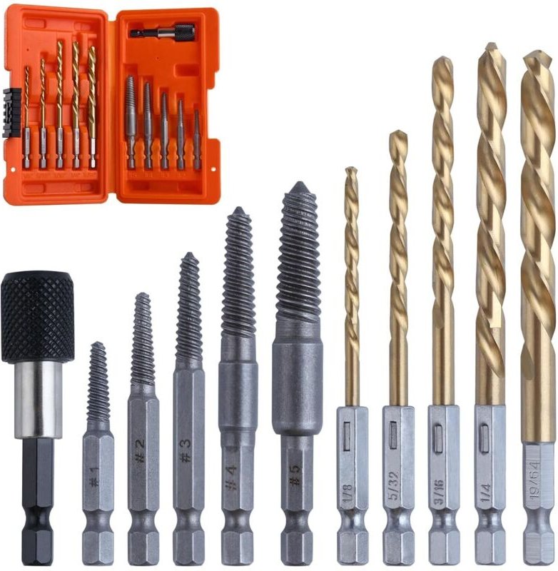 11-teiliges Schraubenausdreher-Set, Titanbeschichteter Linksbohrer und Bolzenausdreher-Set mit 1/4"-Adapter, Linksbohrer...