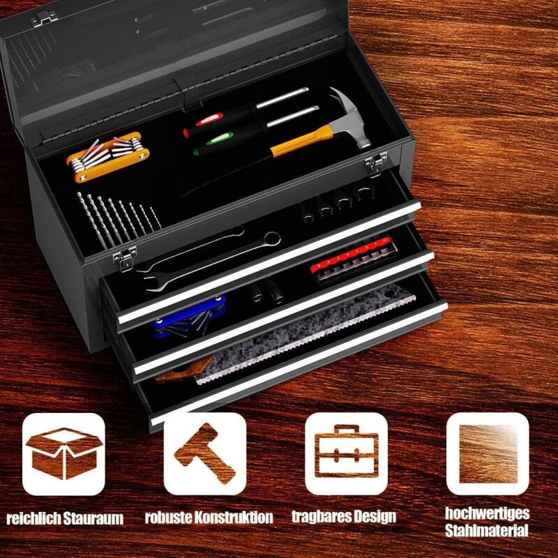 Metall werkzeugkiste mit 3 schubladen oberem fach werkzeugkasten 52 x 21 x 30 cm schwarz