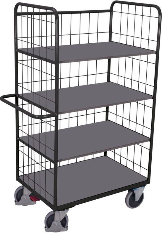 VARIOfit Etagenwagen, hoch und vergittert mit 4 klappbaren Ladeflächen 975x700mm Anthrazitgrau RAL 7016