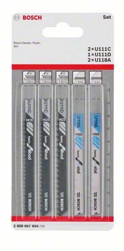Accessories 2608667855 Stichsägeblatt-Set Basic for Wood and Metal, 5-teilig, Universalschaft - Bosch