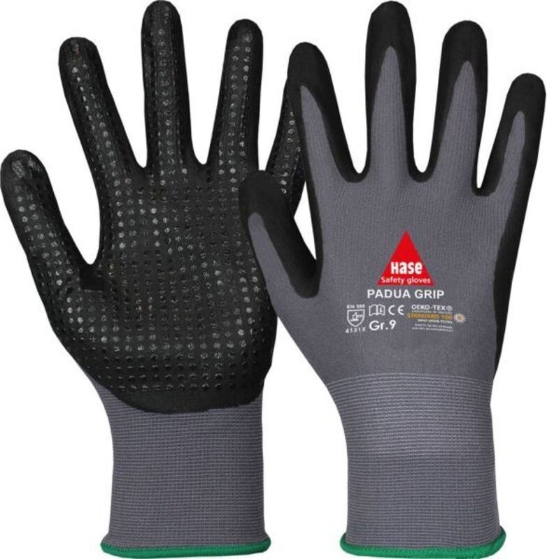 Handschuhe Padua Grip Gr.7 grau/schwarz EN 388 PSA II Nylongestrick Nitril HASE
