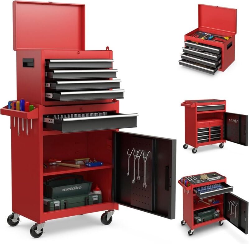 Costway - 2 in 1 Mobiler Werkzeugwagen mit 8 Schubladen & Schloss & Haken, Abnehmbarer Werkzeugschrank Metall auf Rädern...