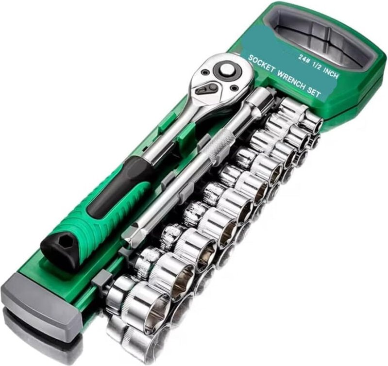 12-teiliger metrischer Steckschlüsselsatz (8–24 mm) mit 1/2"-Schnellverschlussratsche, 24 Zähnen und 5"-Verlängerung, ho...