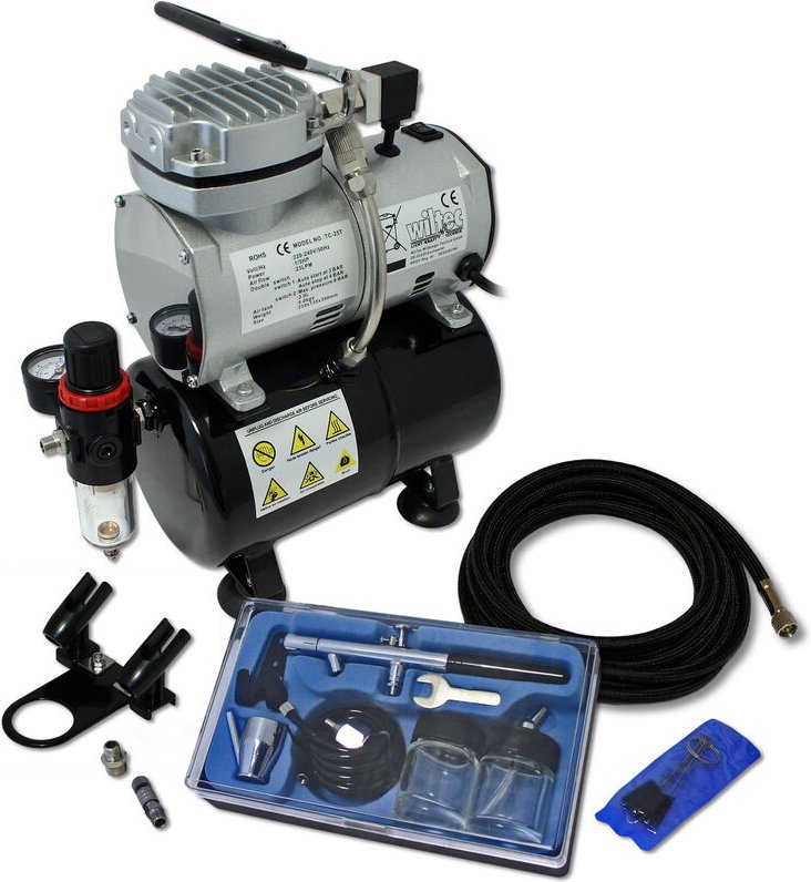 Wiltec Einsteiger Airbrush Kompressor Set AS189 mit 1 Airbrushpistole Typ 128 und umfangreichem Zubehör, 3 l Drucktank, ...