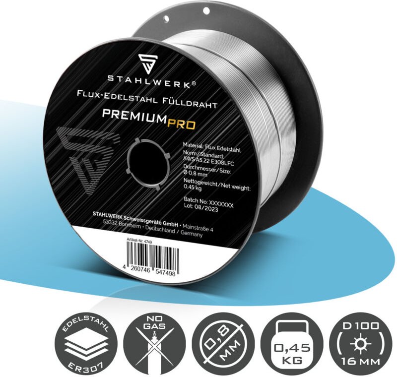 Stahlwerk - Fülldraht flux Edelstahl E308LFC 0,8 mm 0,45 kg Drahtrolle Drahtspule