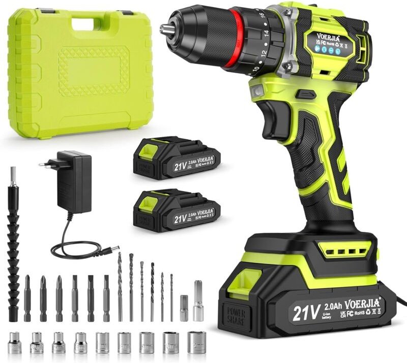 21-V-Akku-Bohrschrauber, 60-Nm-Schlagbohrfunktion (bürstenlos), 2 x 2000-mAh-Akkus, 21+3 Drehmomentstufen, 10-mm-Bohrfut...