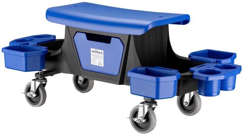 Wiltec - Rollsitz bis 150 kg, Werkstatthocker mit Rollen, Rollhocker mit Werkzeugablage und Halterungen, Werkstattstuhl ...