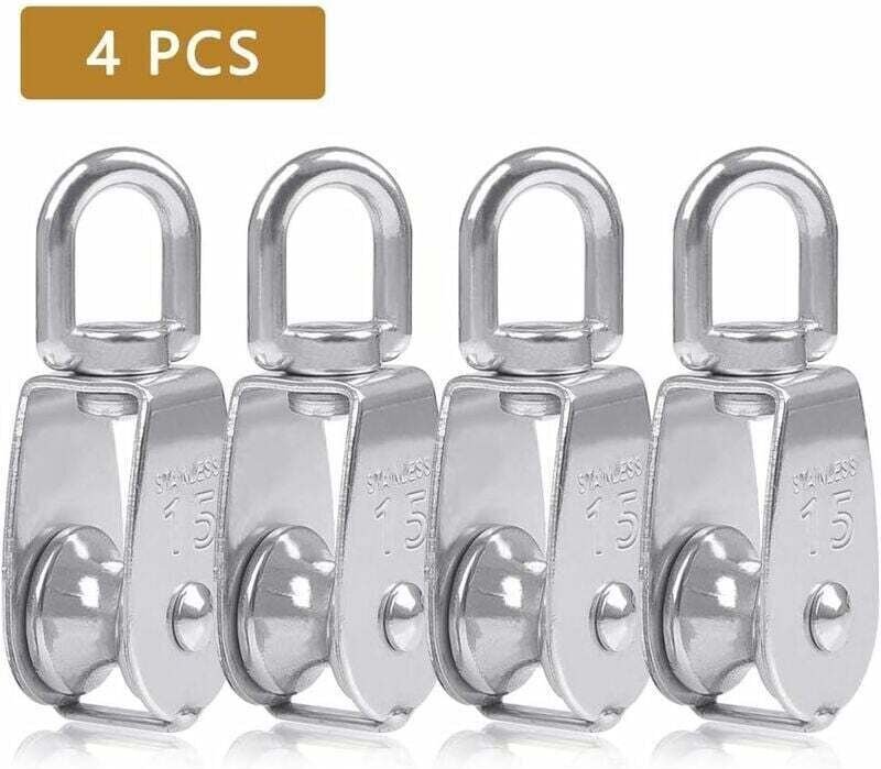 Einzelrolle für 15-mm-Seil, Edelstahl, Kletterrolle, Lastrolle, Heberolle, Tragkraft 35 kg – 4 Stück, Silber