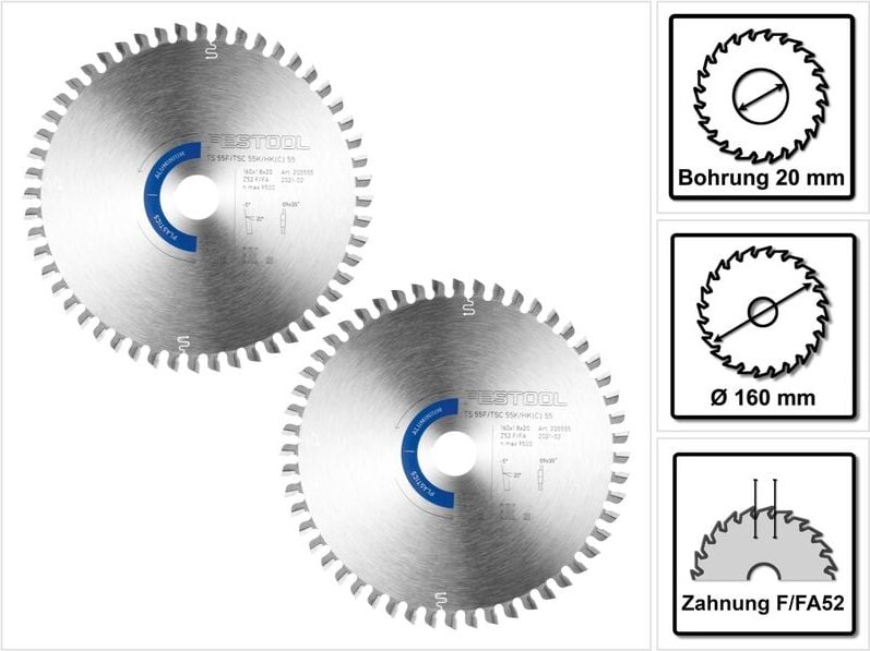 2x Kreissägeblatt Aluminium / Plastics hw 160 x 1,8 x 20 mm F/FA52 ( 2x 205555 ) für Tauchsägen ts 55 f, tsc 55 k & Hand...