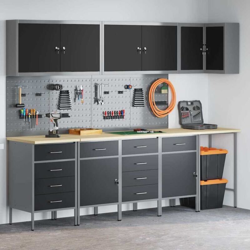 vidaXL Werkbank mit Schubladen 12 pcs Schwarz 255 x 55 x 220 cm