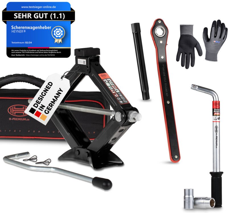 HEYNER® Wagenheber 1t Traglast Scherenwagenheber Set mit Radmutternschlüssel & Montagehandschuhe drehbarer Sattel und Gu...