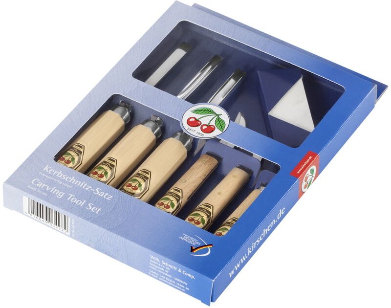 Kirschen - Schnitzsatz, 7-teilig, Beitel + 3x Schnitzmesser + Abziehstein, Beitel