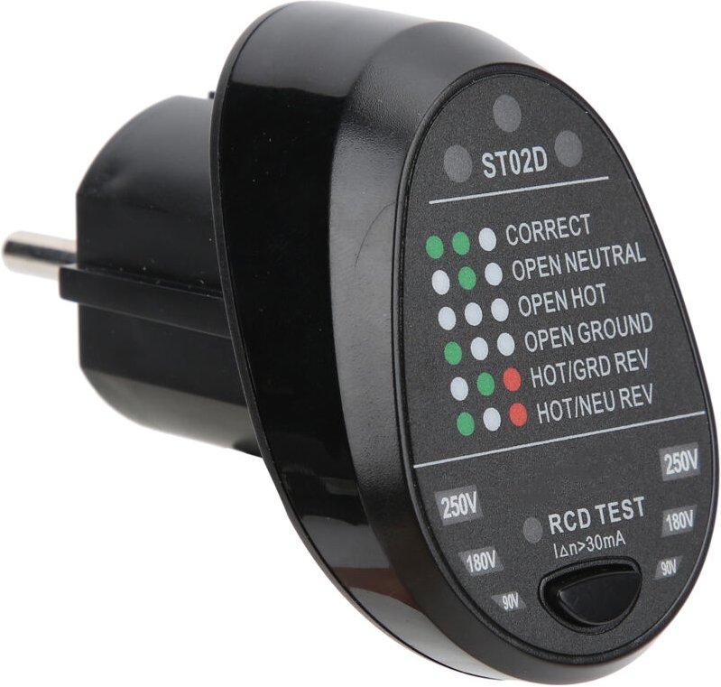 Steckdosentester, RCD-Testgerät, Leitungspolarität-Tester, Erdungsleiter-Testgerät, automatischer Neutralleiter, EU-Stec...