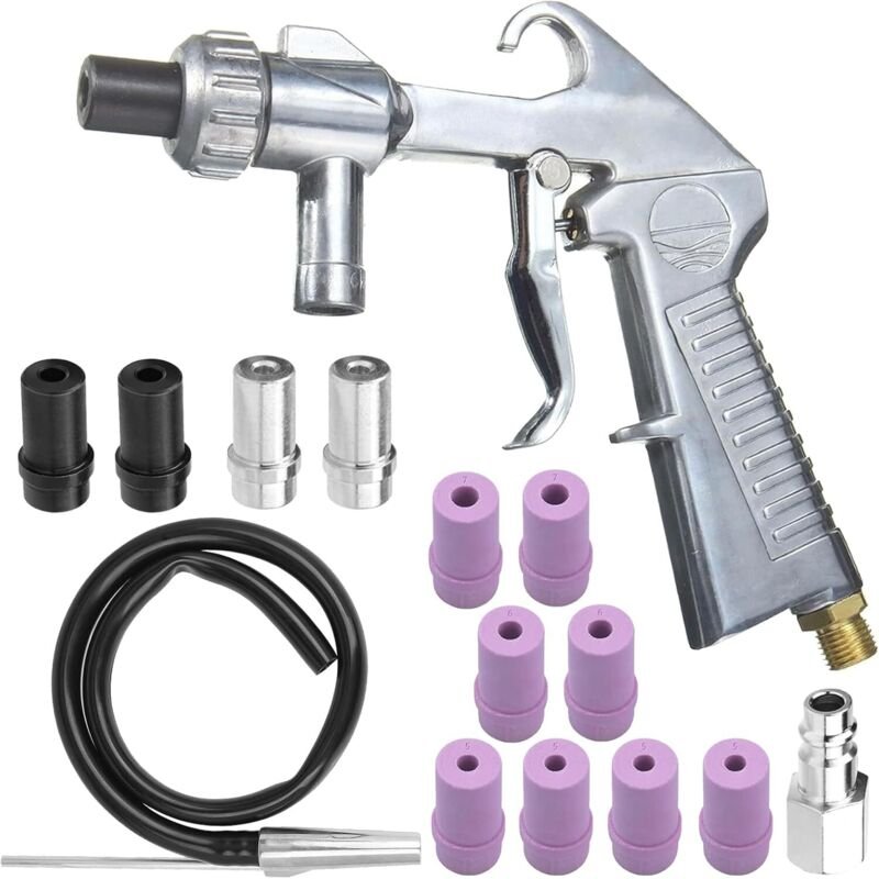 Sandstrahlpistole Set Druckluft, Sandstrahlen Pistole Kit mit 1m Gummischlauch mit Düsen Verschiedener Kaliber ein Lufta...