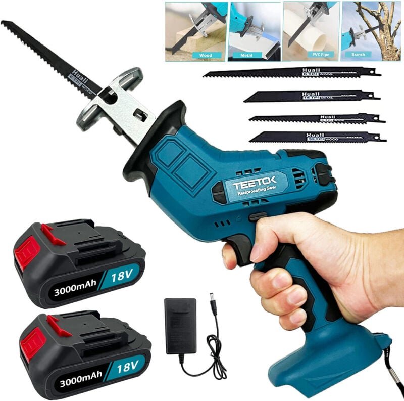 Teetok - Kabellose elektrische Säbelsäge, Säbelsäge, Säge zum Schneiden von Holz und Metall, 2 x 3,0-A-Akkuladegerät, 4-...