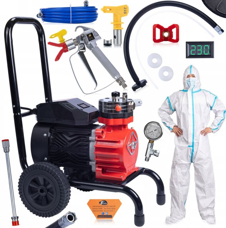 Rosfix Set Red Strong Storm 1100 RSS05 – Airless Farbspritzgerät 3500 W, 220 bar, 18 l/min LCD-Anzeige, 8 m Schlauch, Pi...