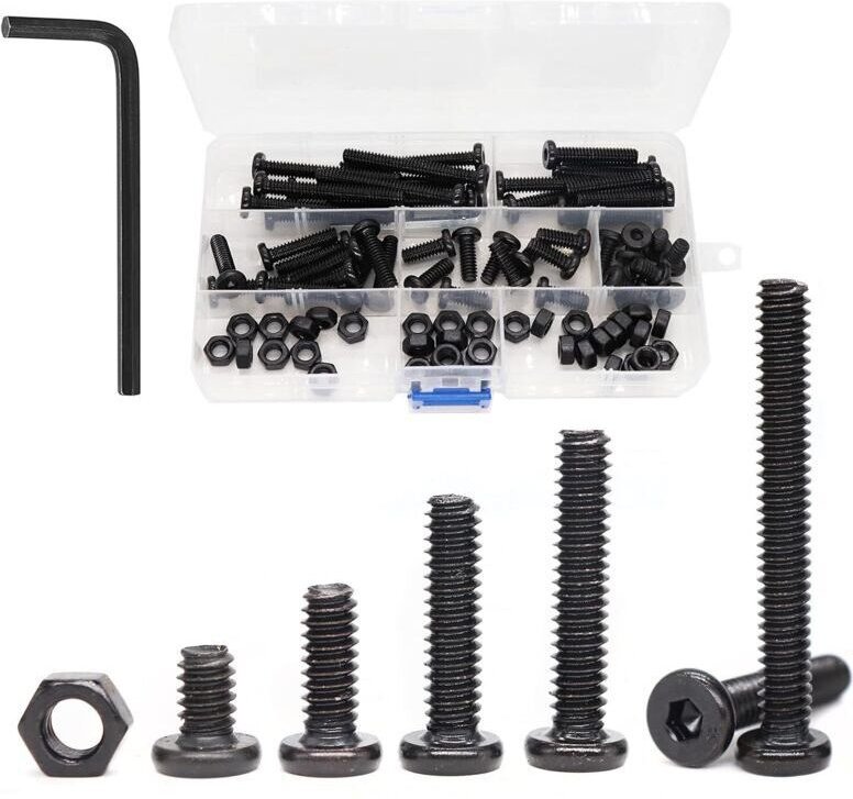 Packung mit 80 schwarzen Innensechskantschrauben (1/4"-20) und Sechskantmuttern (1/4"-20, 3/8", 5/8", 1", 1-1/4" und 2")...