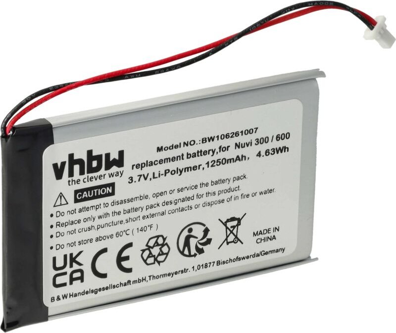 Vhbw - Akku kompatibel mit Garmin Nüvi 660t, 660, 680, 670, 370t, 610, 600, 650, 610t gps Navigation Navi (1250 mAh, 3,7...