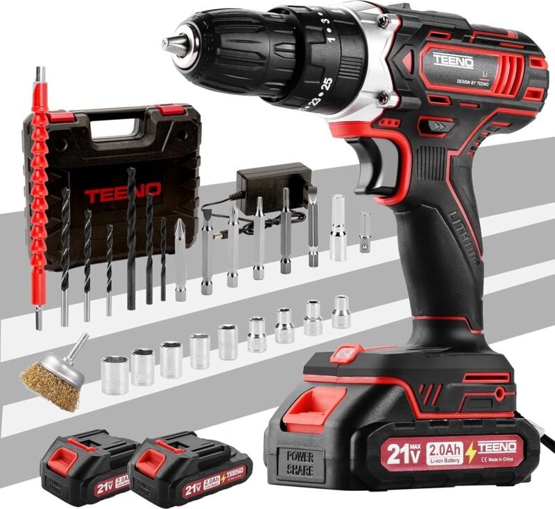 TEENO 21V Akku-Bohrschrauber für Makita-Akkus (2 x 2,0 Ah), 45 Nm Drehmoment, rostfreie Metallbürste, 25+1 Drehmomentein...