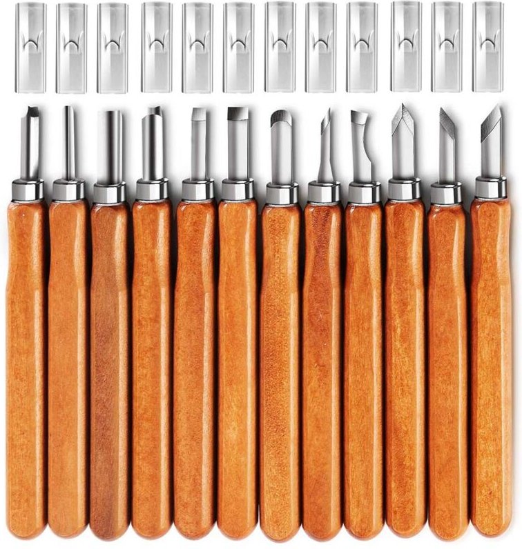 Rnemitery - Holzschnitzwerkzeuge, 12-teiliges Schnitzmesser-Set aus SK5-Kohlenstoffstahl für Anfänger und Profis