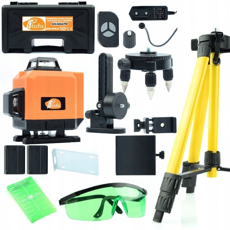 Rosfix Set Orange Tiger ROT12L – 12 Linien Kreuzlinienlaser mit Stativ 43–120 cm, Fernbedienung, 2 Akkus, Wandhalterung,...