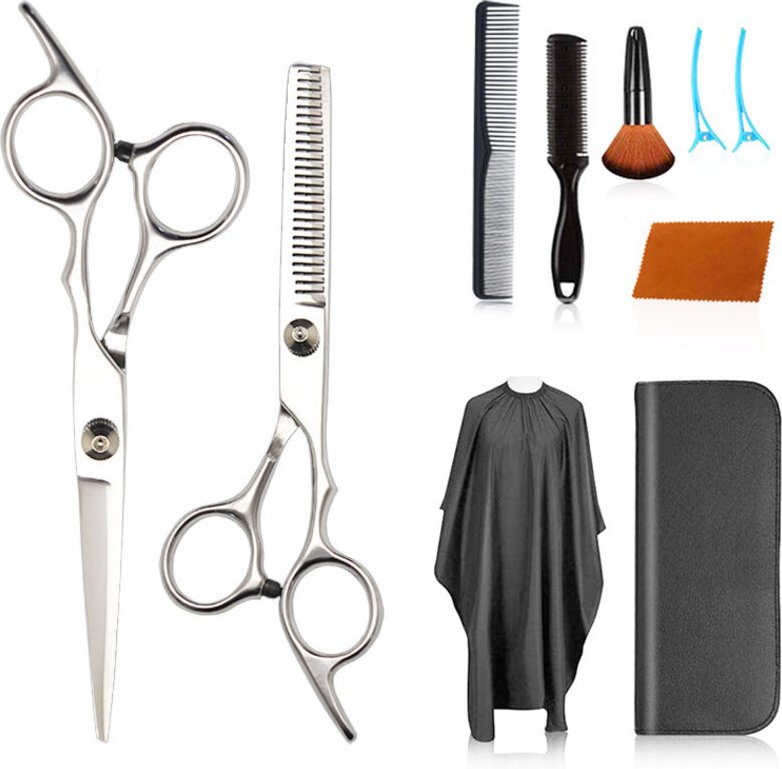 Professionelles 10-teiliges Haarschneide-Set, Effilierschere, Rasierklingenclips, Kamm, Umhang, Friseur-Set für zu Hause