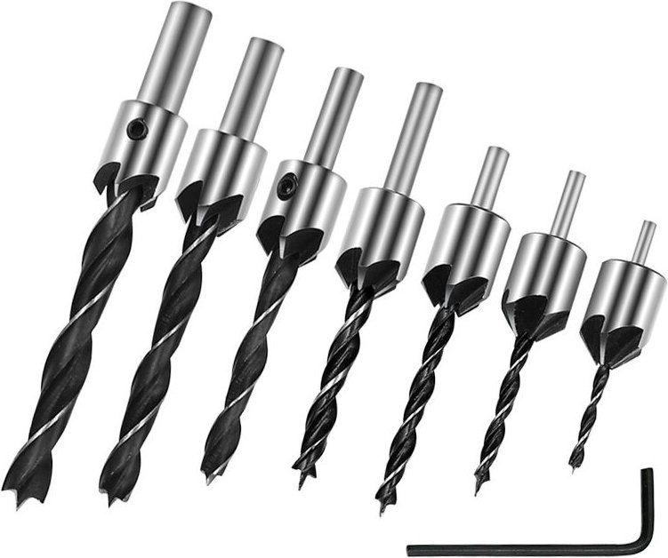 Gotrays - 7-teiliges verzinktes Bohrer-Set, Dreipunkt-Holzschnitz-Fasenbohrer-Set mit Sechskantschlüssel, Hochgeschwindi...