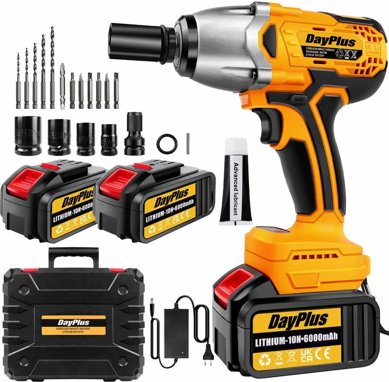 Dayplus - 3 in 1 Bürstenloser Akku Schlagschrauber 1/2 Vierkantschlüssel mit 2x 6.0Ah Akku