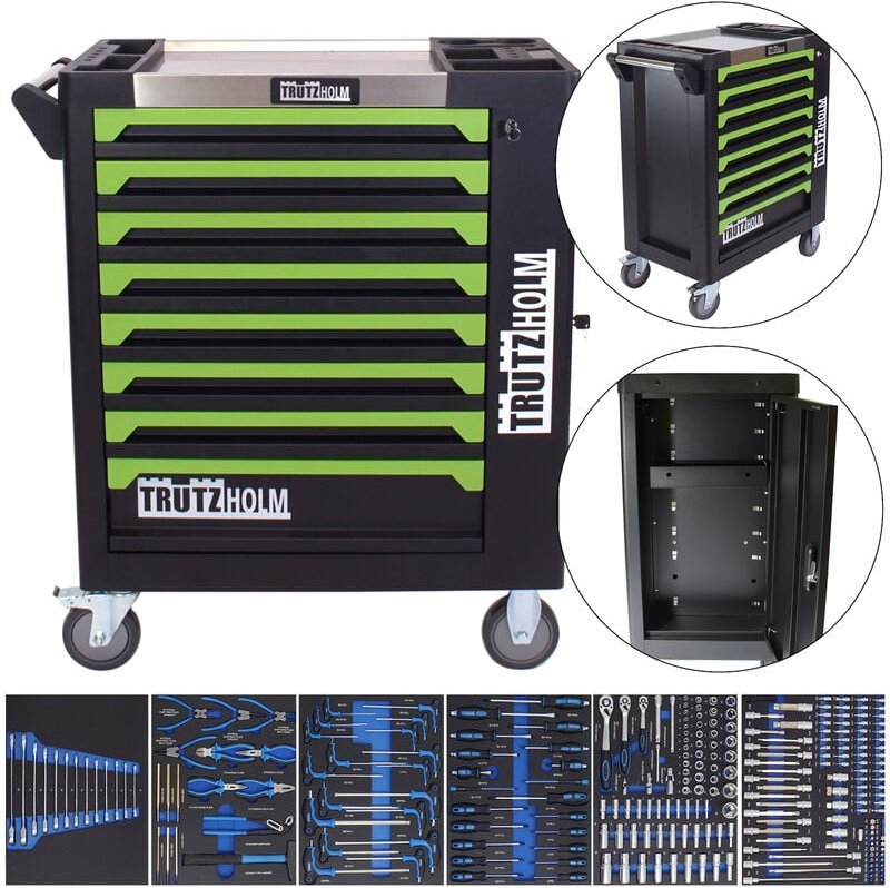 Werkstattwagen 249-tlg. bestückt 8 Schubladen Edelstahlauflage Seitentür Soft Close Schaumeinlagen