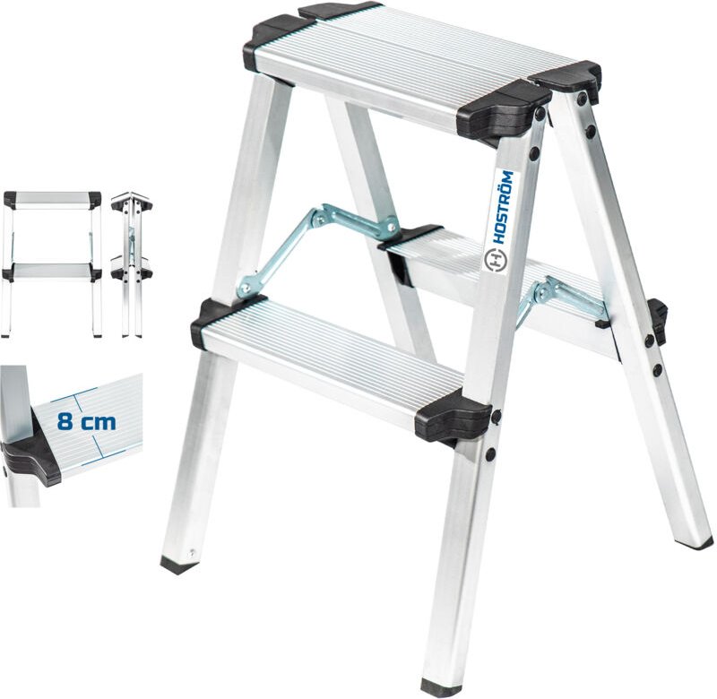 Stehleiter mit 2 Stufen HOMILIX2, kleine zusammenklappbare Stehleiter, Aluminium, kompaktes und robustes Design, max. Ar...