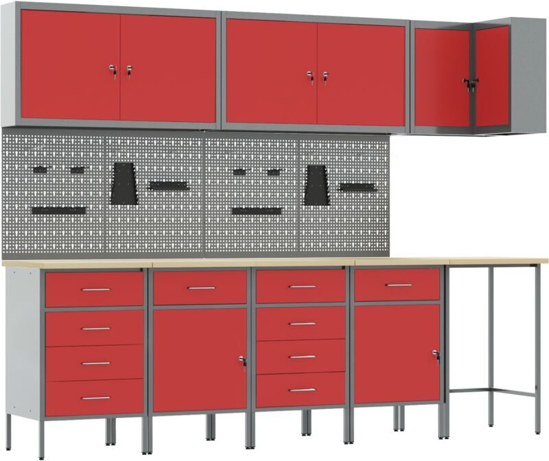 12-tlg. Werkstattschrank-Set mit Stecktafel Rot MDF Metall vidaXL