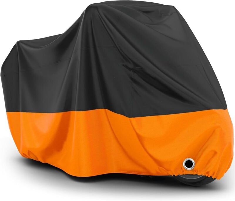 Motorradabdeckung 245x105x125cm XXL Schwarz+Orange Polyesterabdeckung Resistent gegen Vogelkot, Wasser, Staub/Schnee/Reg...