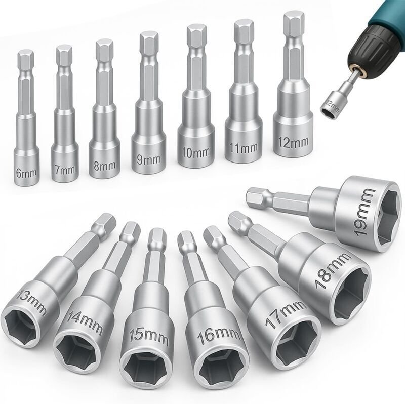 14-teiliges magnetisches Schraubendreher-Steckschlüssel-Set, 6-19 mm Schraubendreherbits, Bitadapter, für Bohrmaschine o...